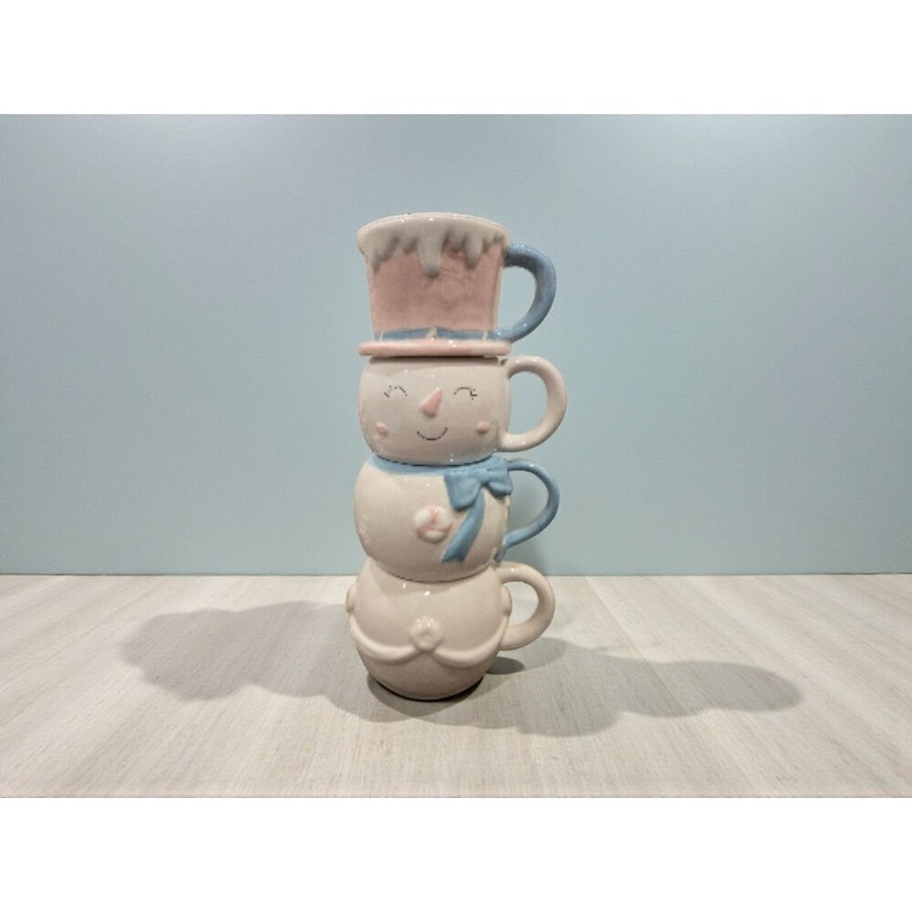 New Pink Frosty The Snowman Candy Lane Christmas 4 Stacking Coffee Tea Mug Cup
